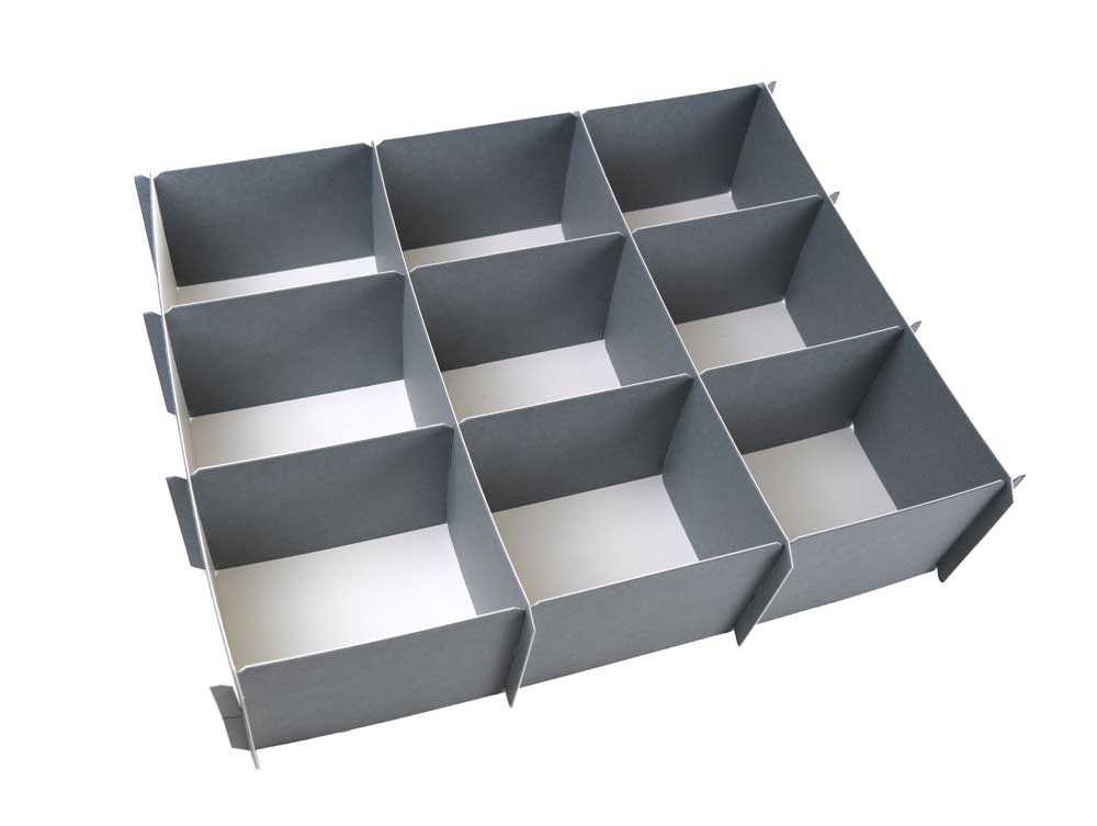 Acid free compartment dividers assembled. Both 9 and 16 dividers are made of gray archival box board. 