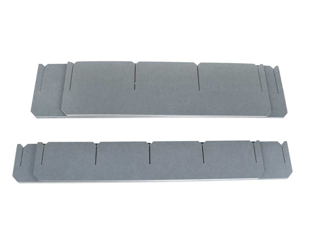 Acid free compartment dividers unassembled assembly. Both 9 and 16 dividers are made of gray archival box board.