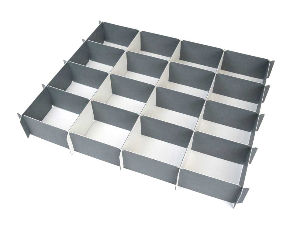 Acid free compartment dividers assembled. Both 9 and 16 dividers are made of gray archival box board. 