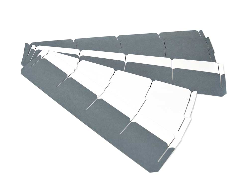 Acid free compartment dividers unassembled assembly. Both 9 and 16 dividers are made of gray archival box board. 