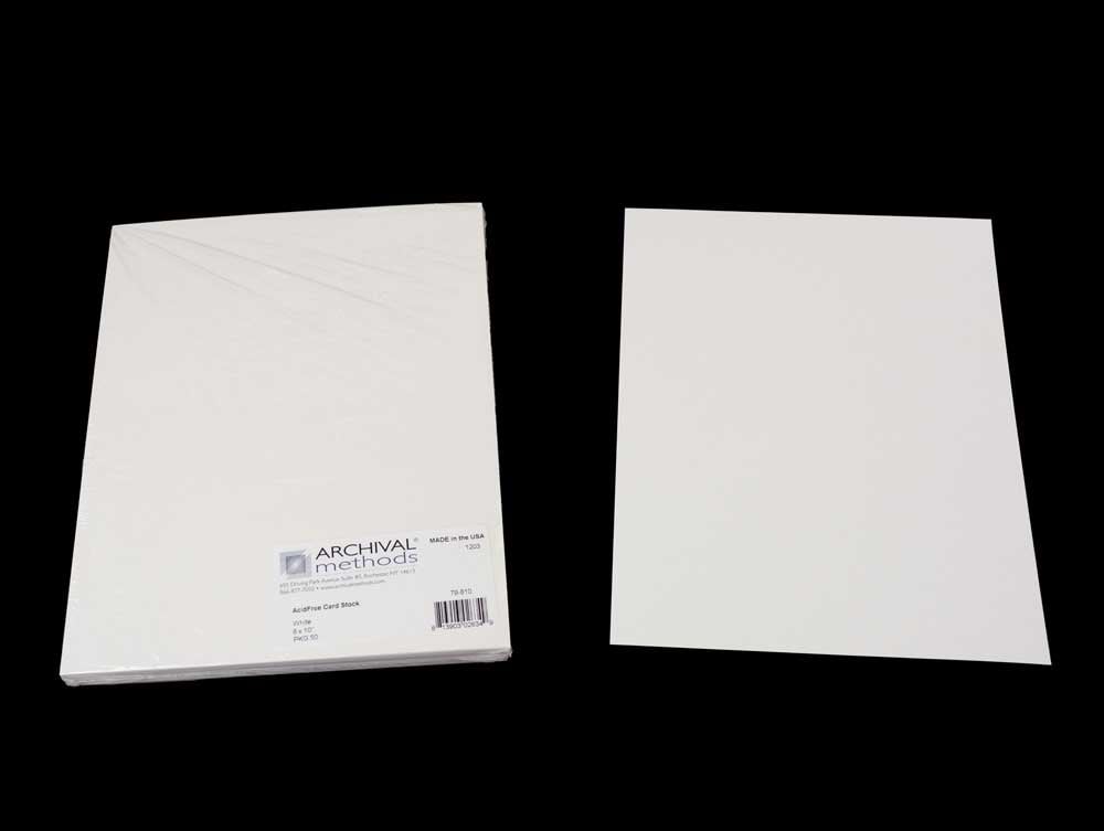 Archival White Card Stock, acid-free and lignin-free, ideal for mounting photos, documents, and as support inserts in archival storage. 