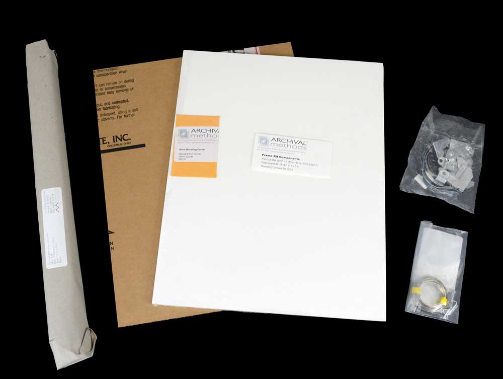 Archival Complete Frame Kit with matte black aluminum frame, pre-cut mat, UV Filtering acrylic glazing, and acid-free foamboard for preservation. 
