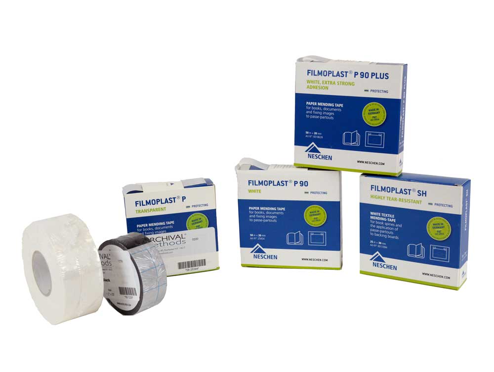 Acid-free Filmoplast tapes, ideal for repairing torn documents, book pages, and hinging artwork with archival-safe adhesion.
