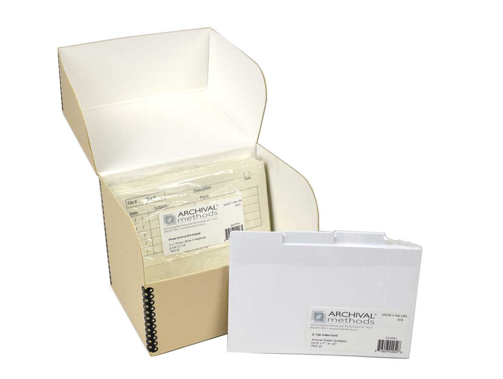  5 x 7 Archive 200 Kit archival photo storage box, available in black, tan, and gray, holding up to 200 prints for safe preservation.