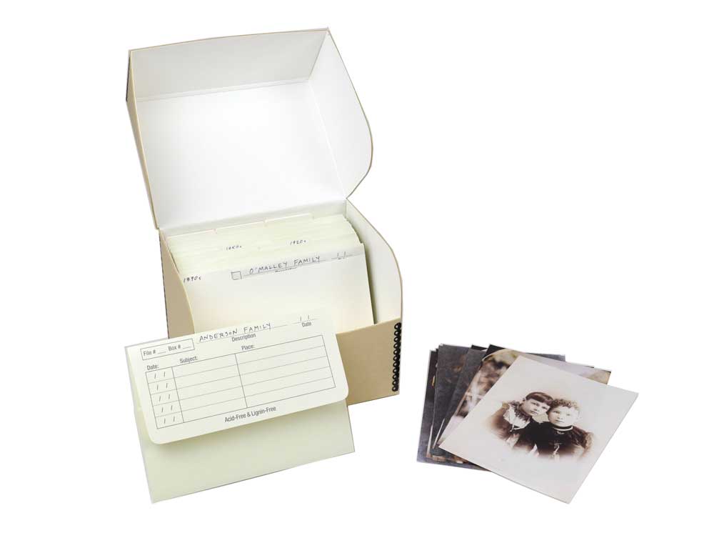  5 x 7 Archive 200 Kit archival photo storage box, available in black, tan, and gray, holding up to 200 prints for safe preservation.