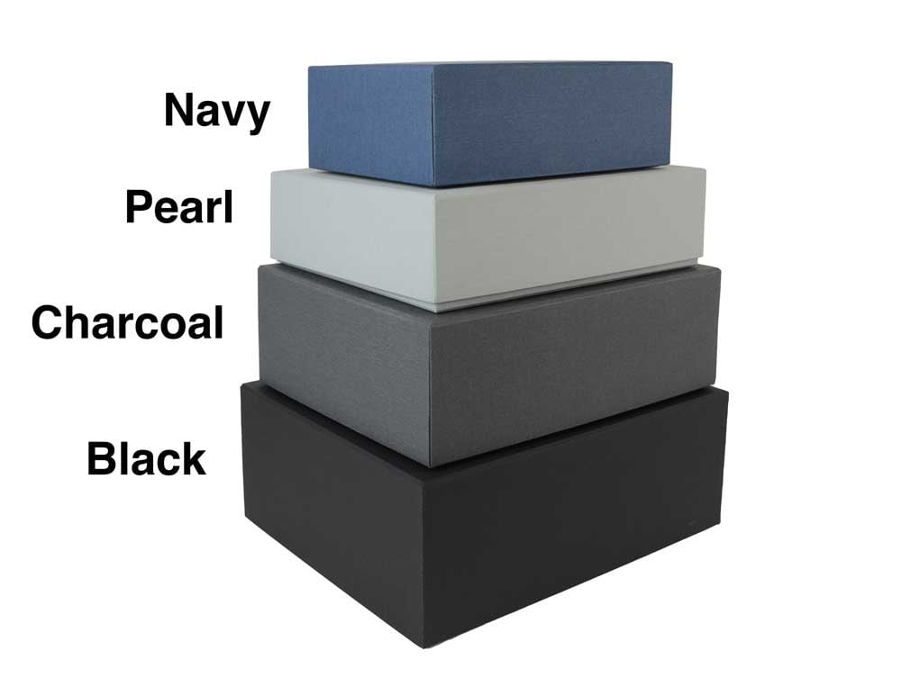 Rare Book Boxes for archival storage. Four boxes are stacked, showing black, navy, charcoal, and pearl fabric color options.  
