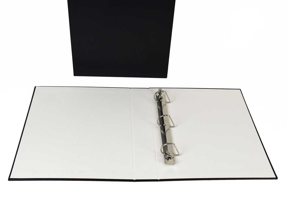 Open Legal size archival 3-ring binder in black with a black slipcase is designed to protect photos and documents.