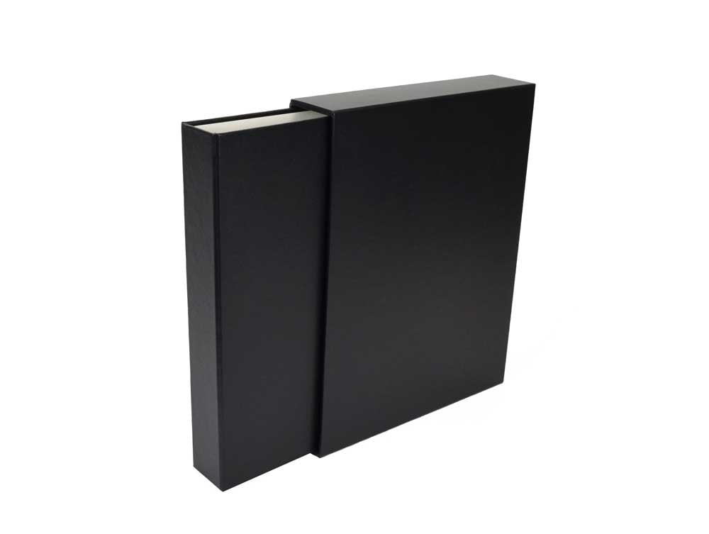 Legal size archival 3-ring binder in black with a black slipcase is designed to protect photos and documents.