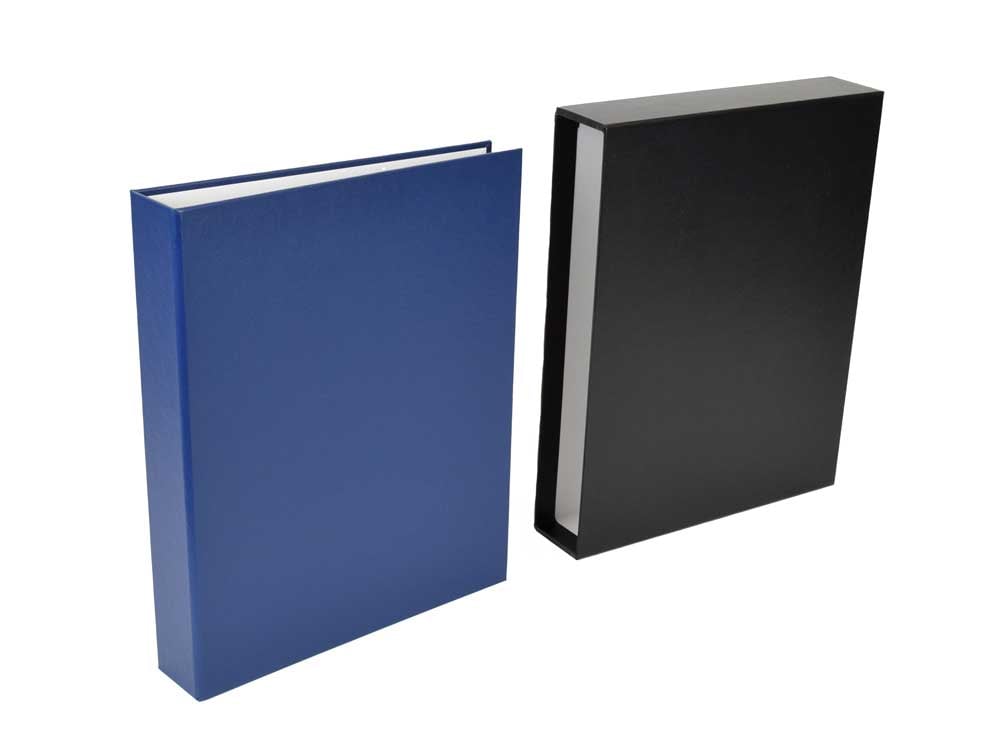 Legal size archival 3-ring binder in blue with a black slipcase is designed to protect photos and documents.