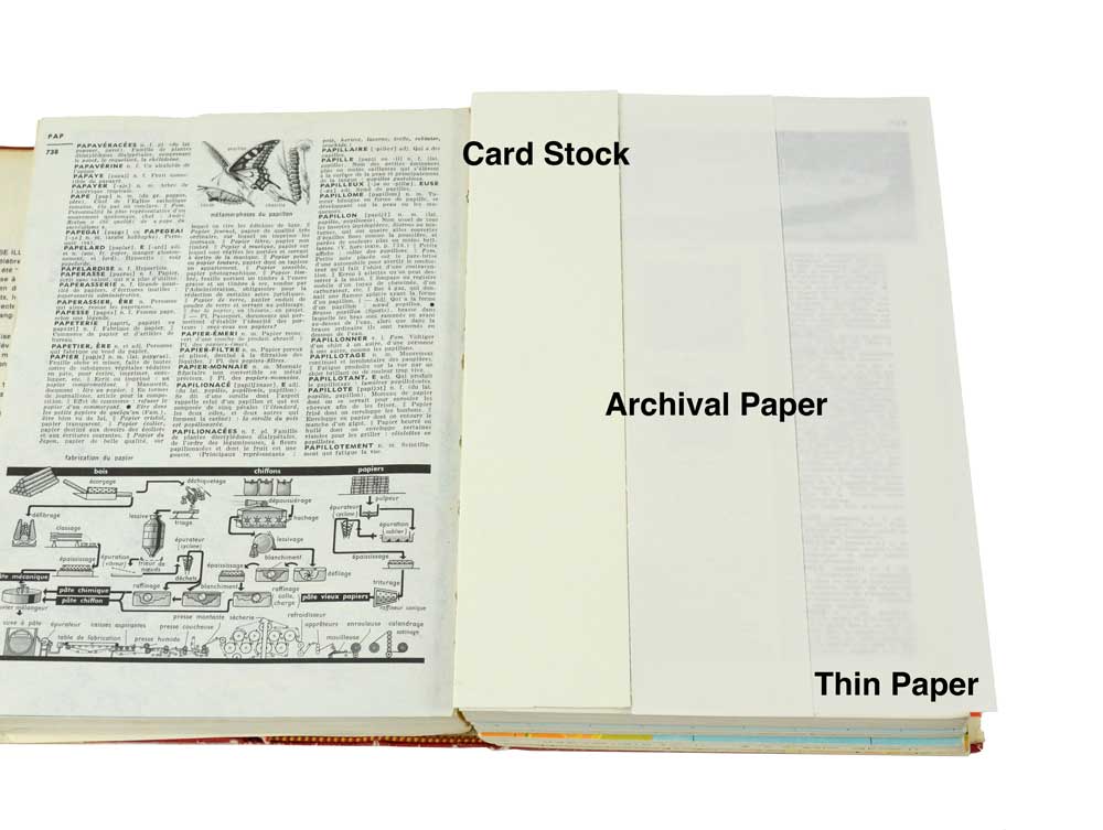 Archival Bookmarks made from acid-free paper in three thicknesses—Thin Paper, Archival Paper, and White Card Stock—protect books without damage.