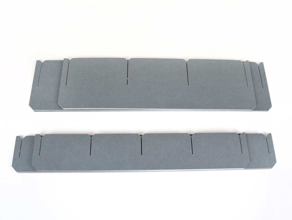 Acid free compartment dividers unassembled assembly. Both 9 and 16 dividers are made of gray archival box board. 
