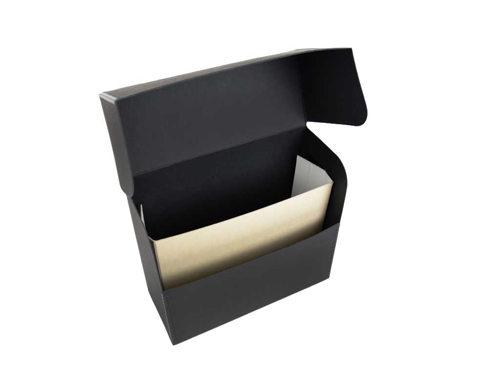 Archival-grade tan boxboard spacers made from acid-free paperboard, designed to keep files upright in a black letter document box.
