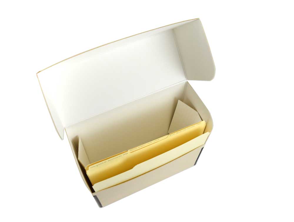 A few file folders are kept upright in a letter-size document box with acid-free spacers.