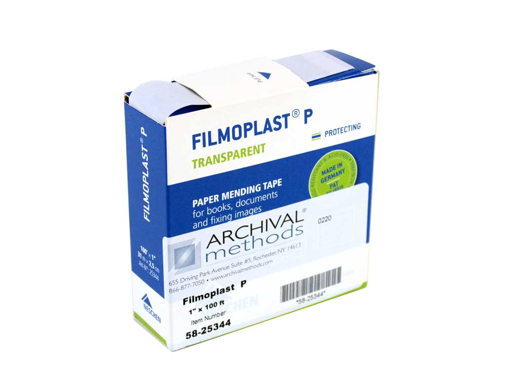 Acid-free Filmoplast tapes, ideal for repairing torn documents, book pages, and hinging artwork with archival-safe adhesion.
