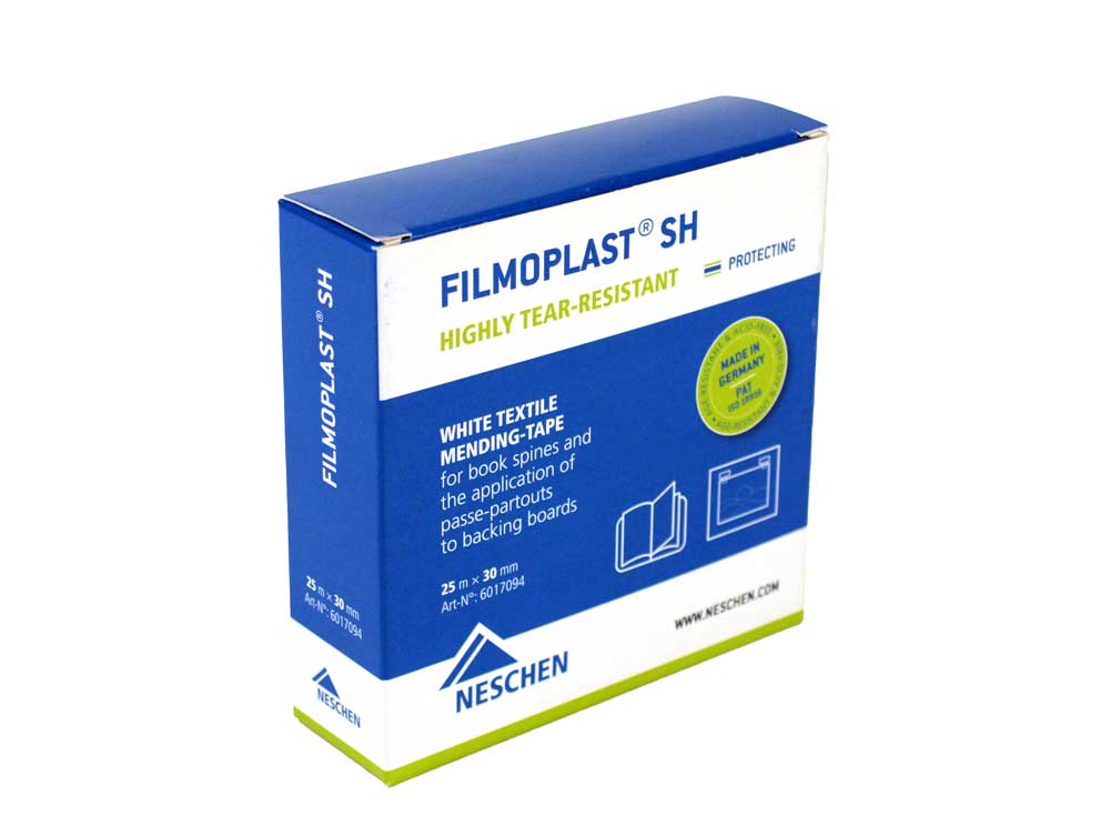 Acid-free Filmoplast tapes, ideal for repairing torn documents, book pages, and hinging artwork with archival-safe adhesion.

