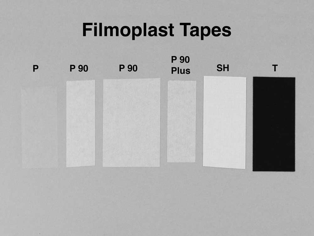 Acid-free Filmoplast tapes, ideal for repairing torn documents, book pages, and hinging artwork with archival-safe adhesion.
