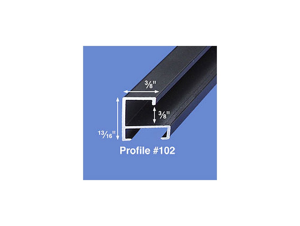 Pre-Cut Profile 102 aluminum picture frames in Anodic Glossy Black and Matte Black, available in multiple sizes for easy assembly and display.