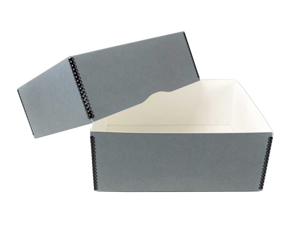 Gray archival storage boxes made from acid-free materials with white interior, designed for safe, long-term photo and document storage.