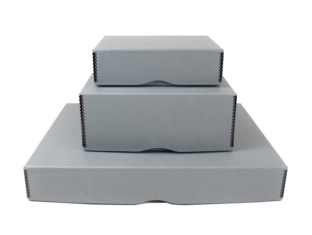 Three gray archival Full Top Boxes made from acid-free materials, stacked with closed tops, designed for long-term photo and document storage.