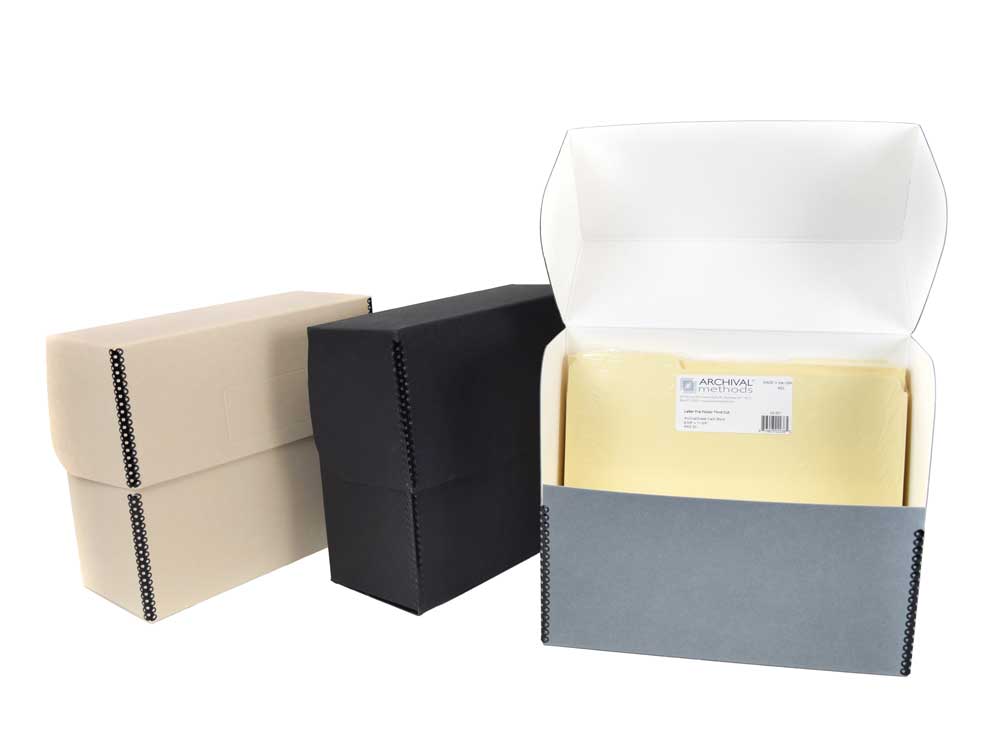 Archival Document Storage Kits with tan, gray, and black letter-size document box and 50 acid-free third-cut file folders for long-term preservation.
