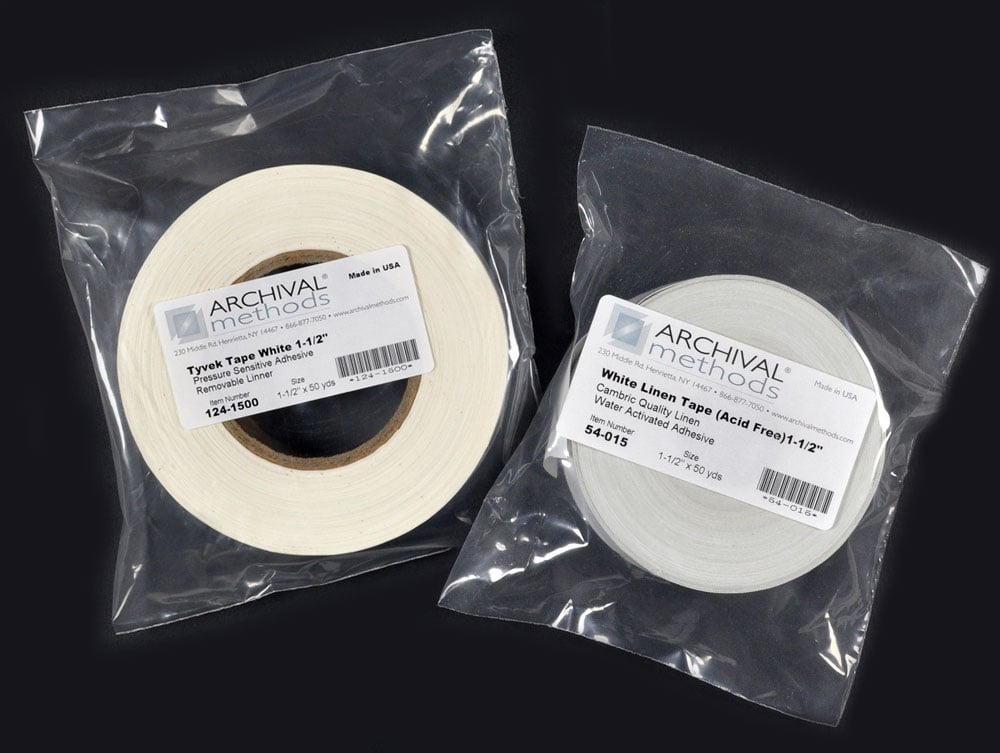Packages of acid-free Linen and Tyvek tapes showcasing their use for hinging window mats, bookbinding, and archival repairs.