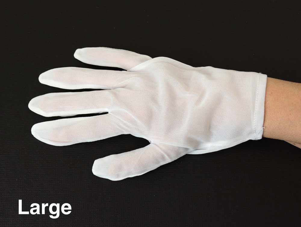Nylon Lintless inspection gloves protecting documents and artifacts from fingerprints, ideal for delicate handling and archival care. 