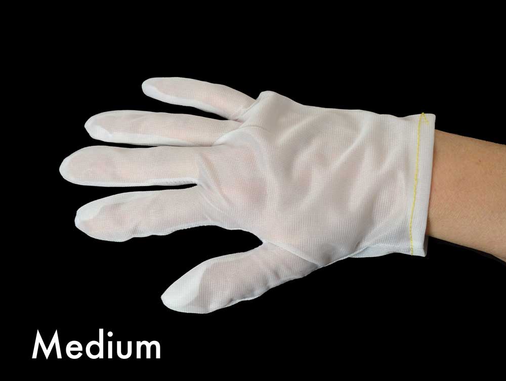 Nylon Lintless inspection gloves protecting documents and artifacts from fingerprints, ideal for delicate handling and archival care. 