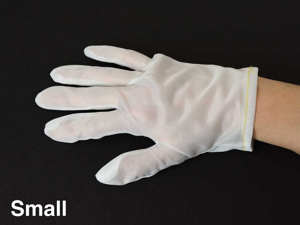 Nylon Lintless inspection gloves protecting documents and artifacts from fingerprints, ideal for delicate handling and archival care. 