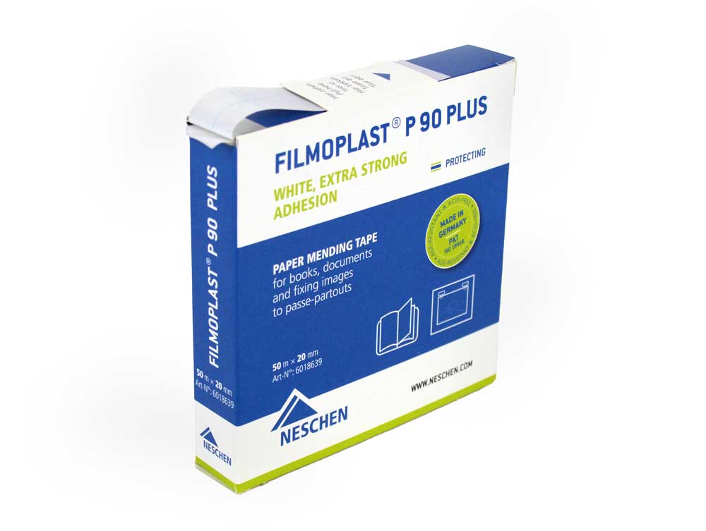 Acid-free Filmoplast tapes, ideal for repairing torn documents, book pages, and hinging artwork with archival-safe adhesion.

