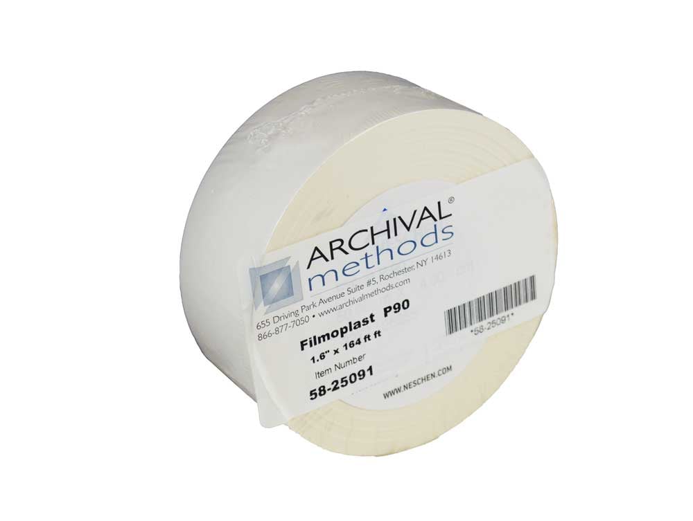 Acid-free Filmoplast tapes, ideal for repairing torn documents, book pages, and hinging artwork with archival-safe adhesion.
