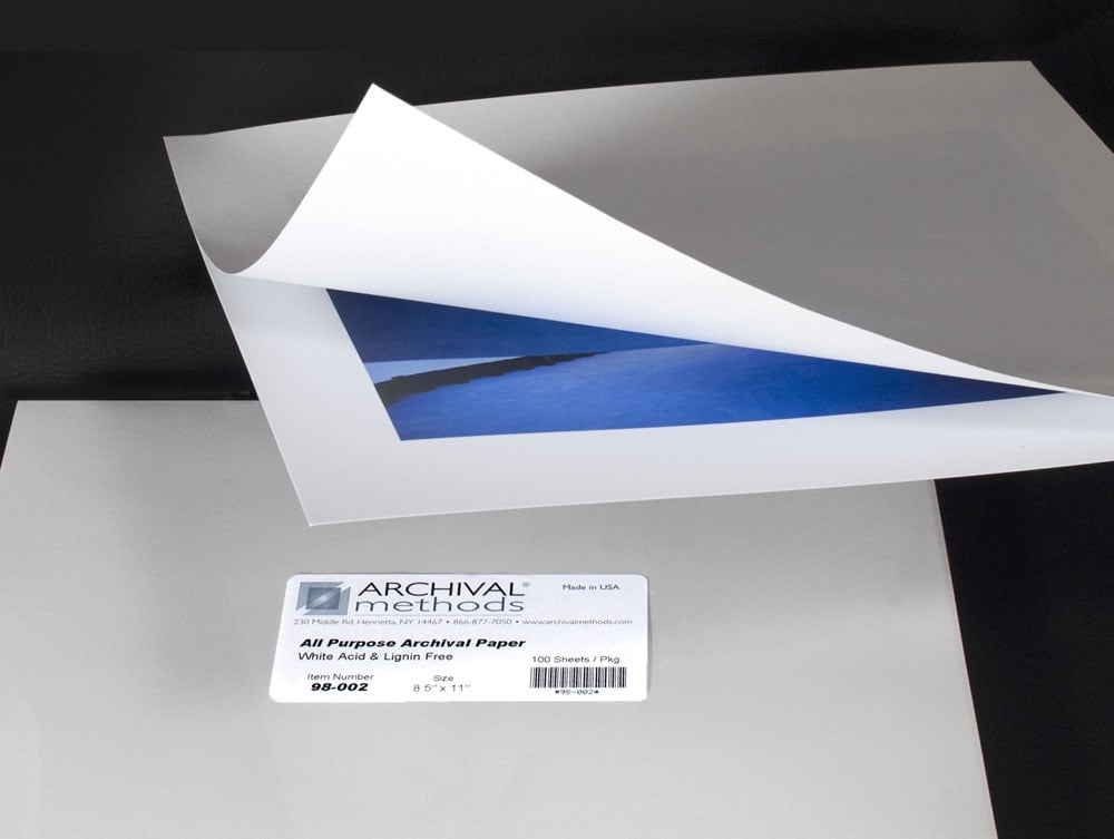 Archival White Paper, acid-free and lignin-free, with 25% cotton, ideal for interleaving and long-term storage of photos and documents. 
