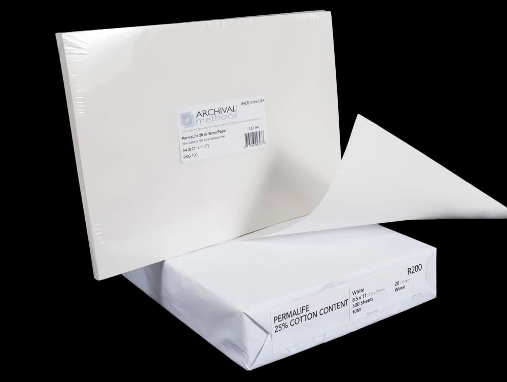 Permalife paper, acid-free and 25% cotton, offering durable, long-term preservation for documents with excellent surface and folding qualities. 