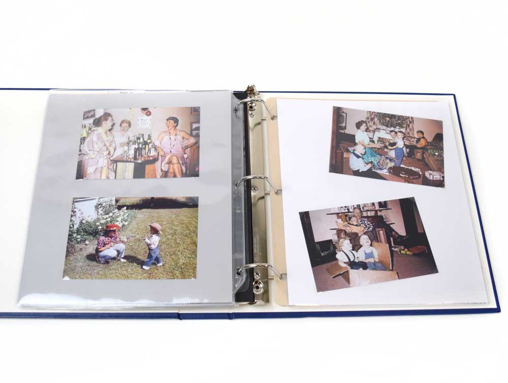 Acid-free card stock inserts in white and gray with photos mounted ready for Print Pages, providing support & protection.