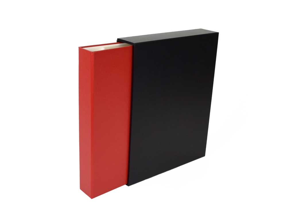 Legal size archival 3-ring binder in red with a black slipcase is designed to protect photos and documents.