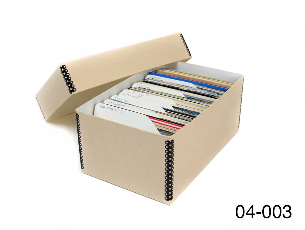 Tan Short Top Box made from archival materials showing acid free index cards organizing photos. 