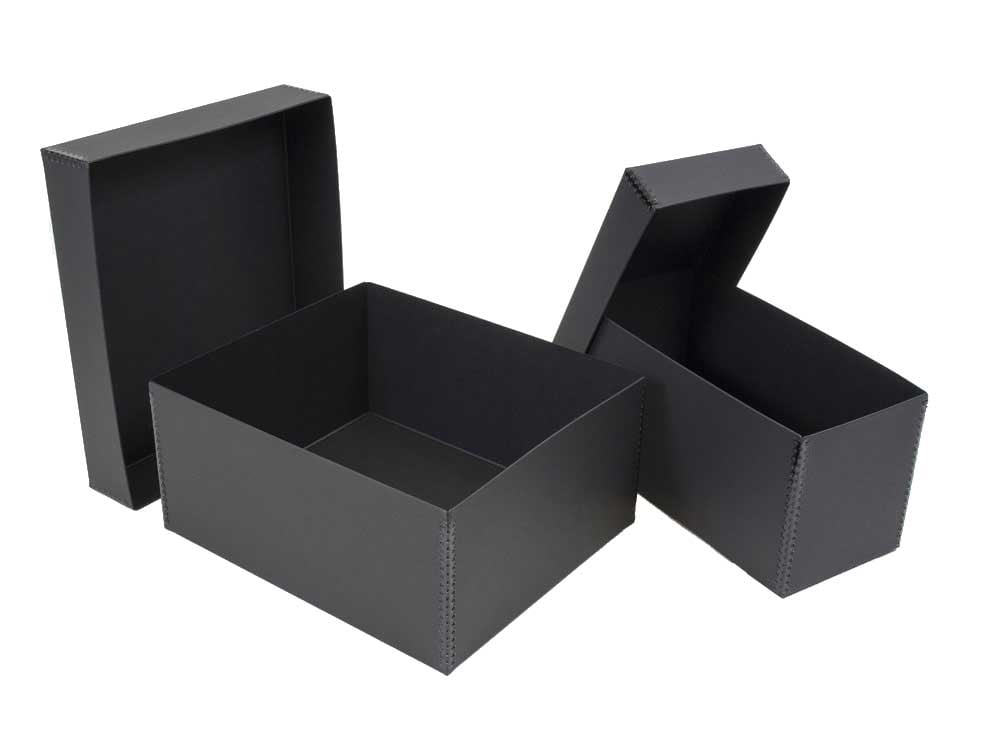 Two black archival Short Top Boxes made from acid-free materials, designed for long-term photo and document storage.