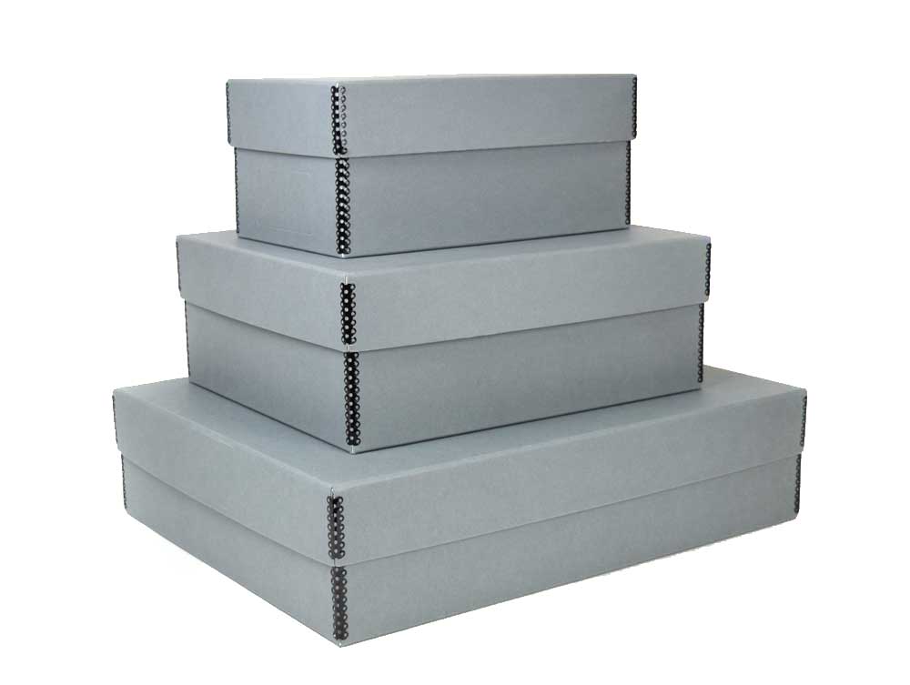 Three gray archival Short Top Boxes made from acid-free materials, stacked with closed tops, showing different sizes.