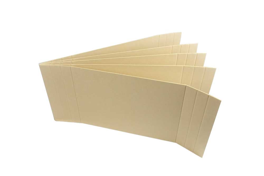 Archival-grade tan boxboard spacers made from acid-free paperboard, designed to keep files upright in letter or legal document boxes.