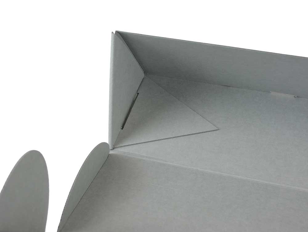 Showing a close-up of Triangular Roll Storage box corner assembled made of acid-free corrugated. 