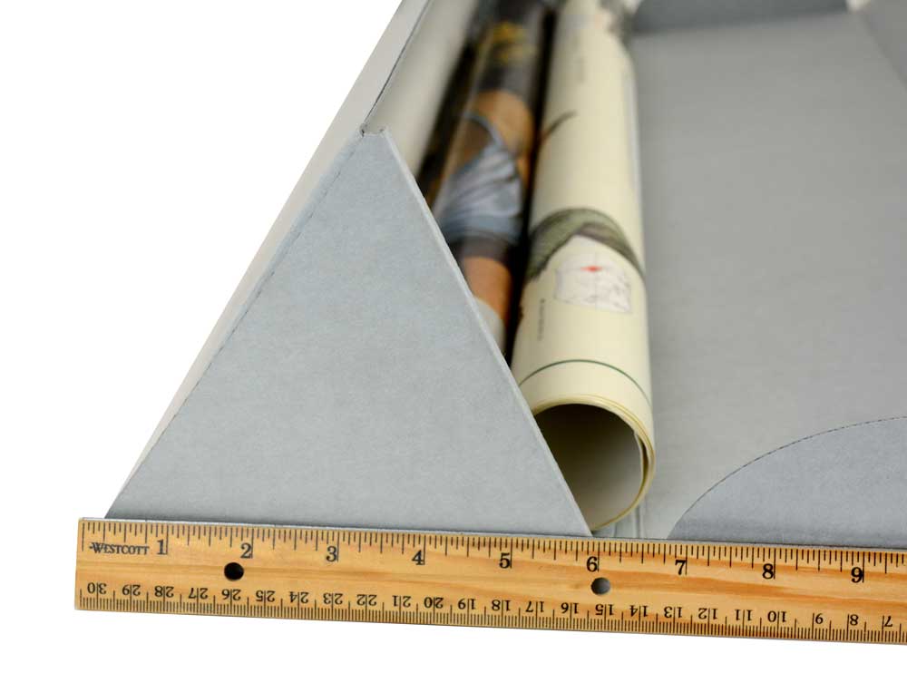 Close-up of a 6-inch side assembled Triangular Roll Storage box made of acid-free corrugated material.