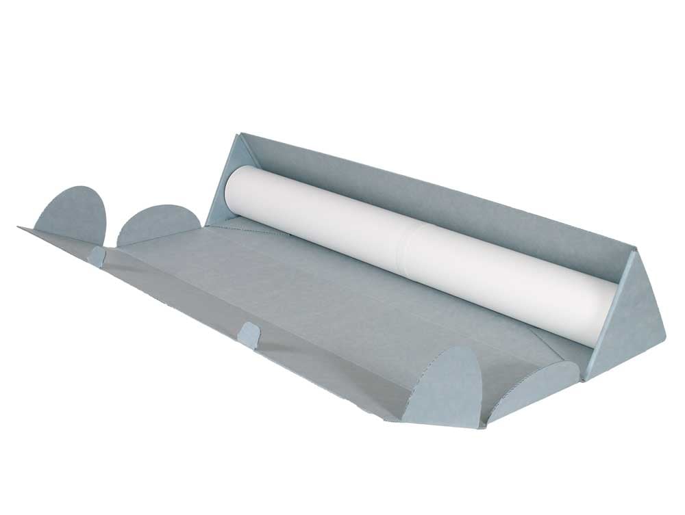 Triangular archival storage box made of acid-free corrugated material, opening fully for safe storage of maps, prints, and drawings.
