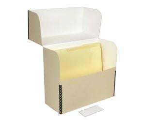Archival Document Storage Kit with a tan letter-size document box and 50 acid-free third-cut file folders for long-term preservation.