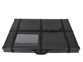 Transport Shipping Case made of impact-resistant black polyethylene with foam lining, steel-reinforced corners, and secure poly straps for artwork protection.