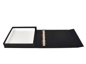 Archival storage binders with magnetic closure, black linen fabric cover, and acid-free lining for preserving documents and photographs.