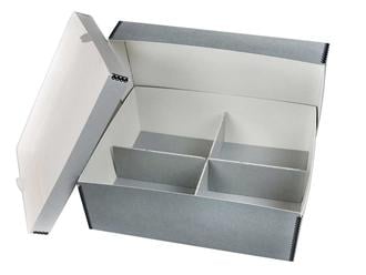 Archival Storage Kit with a short gray metal edge box, four-compartment divider, and top tray for preservation of heirlooms, photos, and documents.