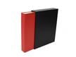 Legal size archival 3-ring binder in red with a black slipcase is designed to protect photos and documents. thumbnail